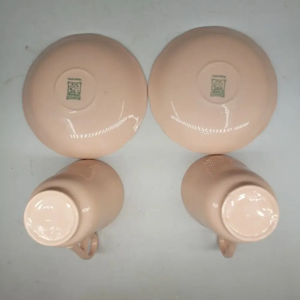 Grindley Peach Petal Pink Teacups Saucers Set of‎ 2 Vintage Wavy Rim China 3-5